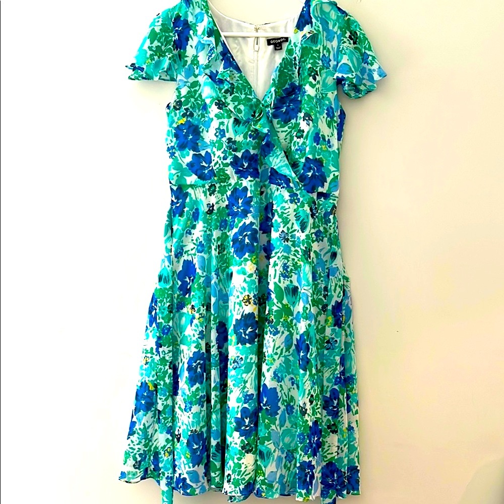 George Blue and Green V-Neck Flutter Sleeve Sundress